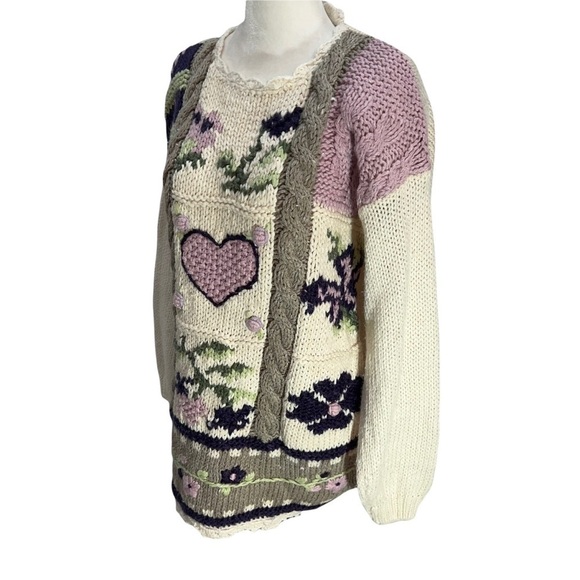 𝅺vintage 90's Patchwork Handknit Beige Chunky Knit Cozy Sweater Size M - Picture 4 of 8